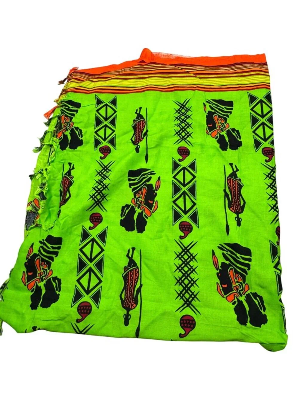 African-Inspired Green & Orange Scarf/Sarong With Tribal Print & Fringe READ
